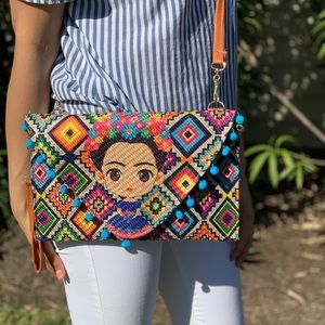 NWOT Multi Frida Inspired Cross Bag/ClutchPom poms